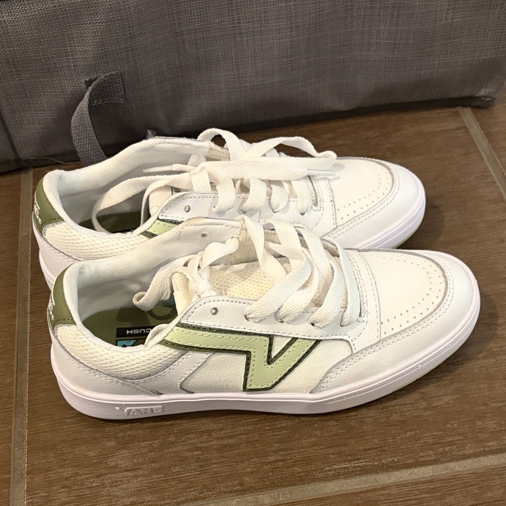 Womens White Sneakers with Light Green Accent - Casual Lace-Up